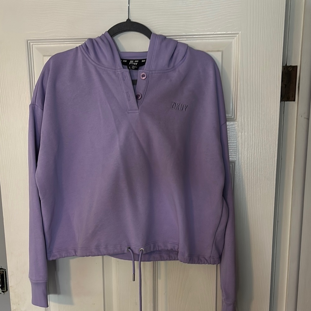 DKNY Lavender Pullover Crop Hoodie with Drawstring Waist